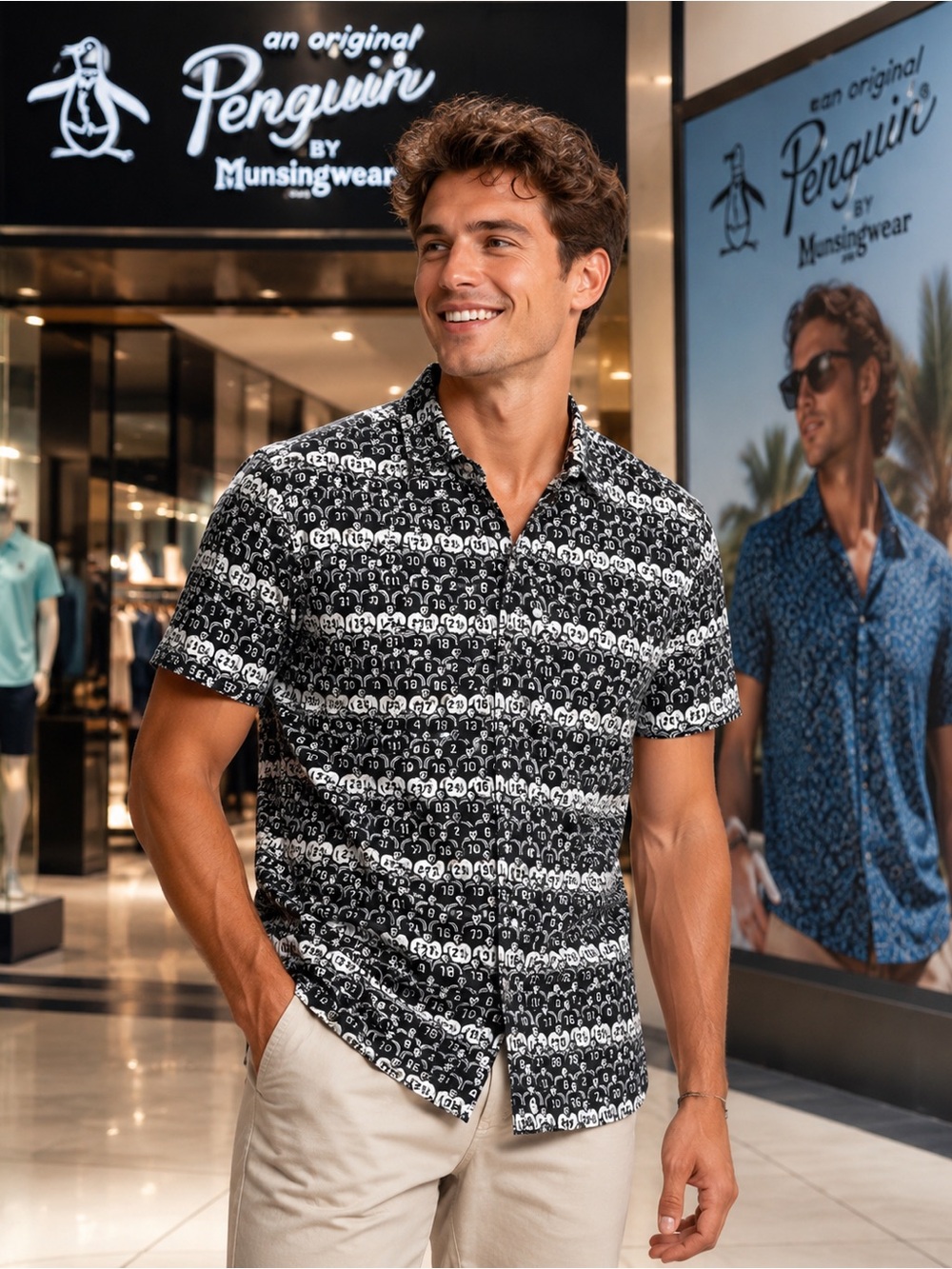 Original Penguin Retro Football Player Print Button Down Shirt